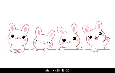 Set von niedlichen kleinen Hasen. Bordüren mit Kawaii weißen Hasen. Sammlung von Kaninchen mit verschiedenen Emotionen - lustig, glücklich, überrascht. Kann für t verwendet werden Stock Vektor