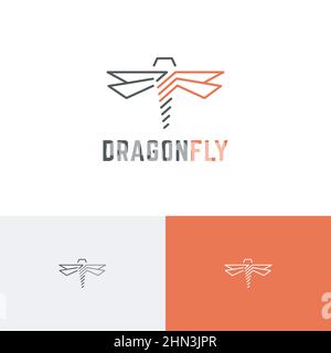 Konstruktionsschraube Drachen Fliegen Flügel Insekt Linie Abstrakte Logo-Idee Stock Vektor