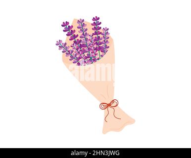 Lavendel Blumen Bouquet in Handwerk Papierverpackung isoliert. Vektor-Illustration des blühenden Lavendel in Öko-Verpackung auf weißem Hintergrund. Stock Vektor