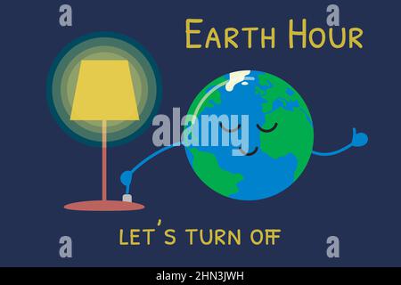 Vektorgrafik Erdstundenvektor. Der niedliche Planet Erde schaltet das Licht der Lampe aus und lächelt. Banner, Poster mit lässt den Text deaktivieren. Stock Vektor