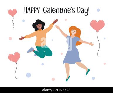 Poster zum Happy Galentines Day. Freunde Frauen haben Spaß zusammen auf Galentines Party am 13. Februar. Feiertag für Frauen. Vektorgrafik flach Konzept Illustration. Stock Vektor