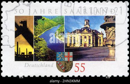 Briefmarke aus der Bundesrepublik Deutschland in der Serie 50th Jahrestag der Bundesrepublik Saarland aus dem Jahr 2007 Stockfoto