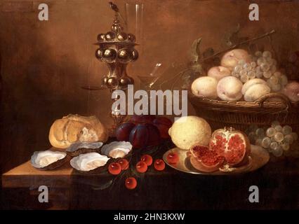 Jan van den Hecke (1619/1620–1684) Stillleben mit Silberbecher, Austern, Granatapfel, Kirschen und Trauben Datum 1643 Stockfoto