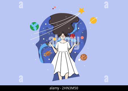 Riesiger Kopf mit ruhiger Frau im Inneren meditiert mit Mudra-Händen. Konzept der Achtsamkeit im Leben. Entspanntes Mädchen haben Meditationssitzung, fühlen sich achtsam und verträumt. Innere Welt. Vektorgrafik. Stock Vektor