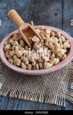 Feinstrukturiertes Sojaprotein, veganes Essen Stockfoto