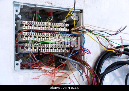 Offene Anschlussdose mit hervorstehenden Drähten, vorbereitet für die Montage und den Anschluss von Telefon- und Computerkabeln. Selektiver Fokus Stockfoto