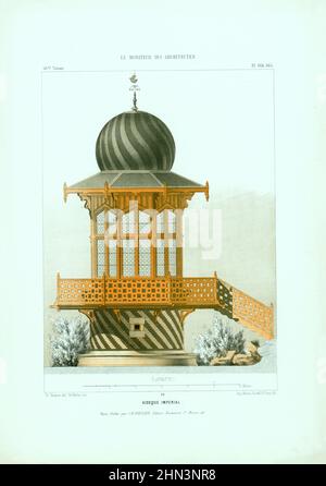 Vintage Lithographie des kaiserlichen Kiosk am Bois de Boulogne in Paris der Bois de Boulogne architektonisch: Sammlung von Verzierungen in seiner ausgeführt Stockfoto