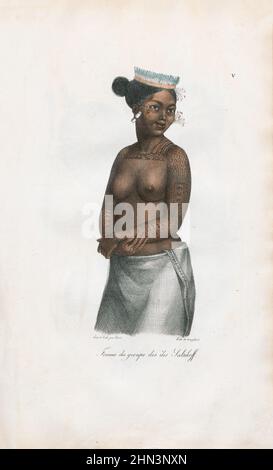 Vintage Illustration tätowierte Frau aus der Saltikoff-Gruppe (Marshall-Inseln) in traditonalem Kleid (Sarong) und Ohrringen im Blumenstil. 1822, Stockfoto