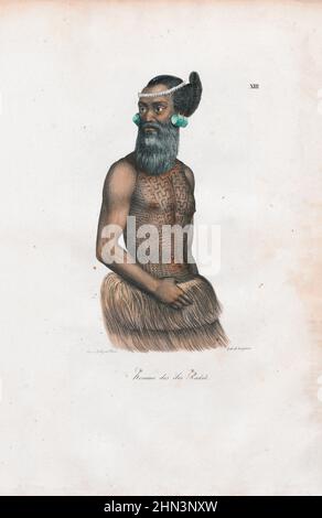Vintage-Farbdarstellung des Mannes auf den Radak-Inseln (Marshall-Inseln). 1822, von Louis Choris. Die Marshallinseln sind ein unabhängiges Inselland in der Nähe Stockfoto