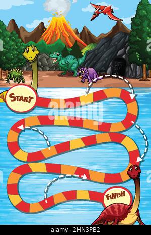 Schlange und Leitern Spiel Vorlage in Dinosaurier Thema Illustration Stock Vektor