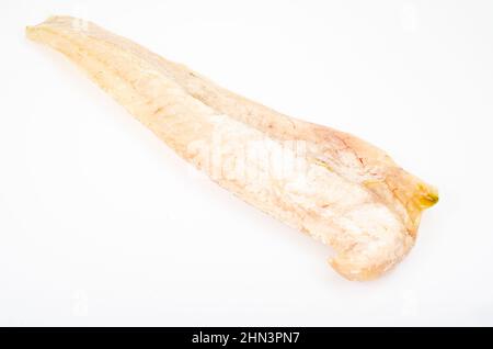 Ein gefrorenes, rohes weißes Fischfilet, isoliert auf weißem Hintergrund. Studio Photo Stockfoto