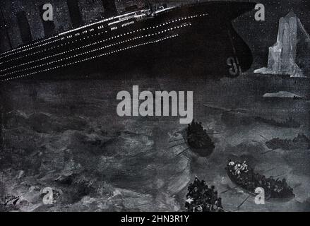 Vintage-Illustrationen vom Untergang der 'Titanic' mit Rettungsbooten im Vordergrund. 15. April 1912 Stockfoto