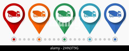 Betonmischer, Fahrzeug Konzept Vektor-Symbol-Set, flaches Design LKW Zeiger, Infografik Vorlage einfach zu bearbeiten Stock Vektor