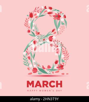Grafische Gestaltung der Postkarte zum Internationalen Frauentag mit Aufschrift vom 8. März und roten Tulpen Stock Vektor