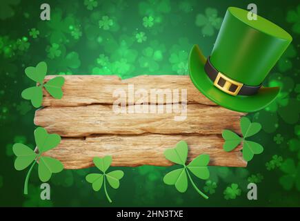 Happy St. Patrick's Day Hintergrund, Banner, Grußkarte. Holzhintergrund mit Kleeblatt, Symbole des Urlaubs, mit einem Platz für Ihre Inschrift. Stockfoto