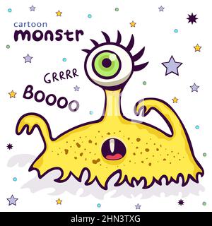 Niedliches Monster, lustige Zeichentrickfigur, bunte Handzeichnung. Fröhliche gelbe flauschige Märchengestalt mit einem Auge einschüchtert, isoliert auf weißem b Stock Vektor