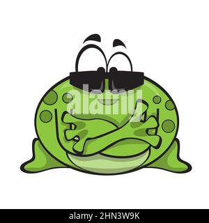 Cartoon Frosch Figur trägt Sonnenbrille mit gekreuzten Armen. Zeichentrickfigur auf weißem Hintergrund. Stock Vektor