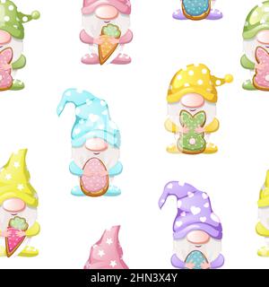 Nahtloses Muster mit niedlichen Zwergen für Frohe Ostern. Stock Vektor
