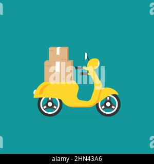 Grüner Retro-Roller oder Motorrad mit Paketen. Konzept für schnelle Lieferung. Online-Bestellung. Box, Paket, Transport, Container. Empfangen, senden und übertragen Stock Vektor