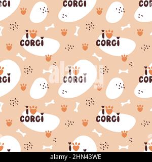 Nahtloses Muster mit handgezeichneten Schriftzügen - ich liebe Corgi. Abstrakter Vektorhintergrund. Stock Vektor