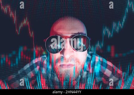 Ein Trader-Investor beobachtet die Kursbewegung auf dem Bildschirm mit Emotionen. Analysiert das holographische Finanzdiagramm der Angebote. Comic-Bild von einem tra Stockfoto