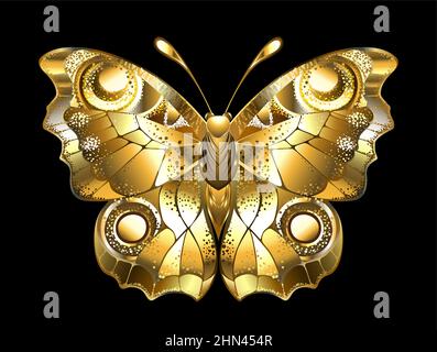 Kunstvoll gezeichneter Pfauenschmetterling mit strukturierten Flügeln aus glänzendem Gold auf schwarzem Hintergrund. Stock Vektor