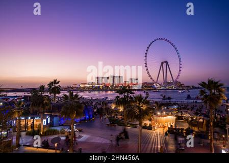 Wunderschönes Dubai Eye oder Ain Dubai am Jumeirah Beach bei Sonnenuntergang Stockfoto