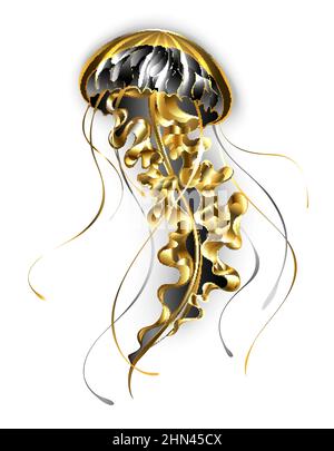 Groß, golden, kunstvoll gezeichnet, Schmuckqualle, mit langen, Schwarze Tentakeln auf weißem Hintergrund. Stock Vektor