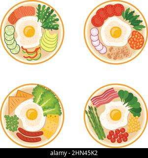 Frühstücksset mit Spiegeleiern, Gemüse, Speck, Würstchen, Lachs, Käse, Bohnen, Vektorgrafik Stock Vektor