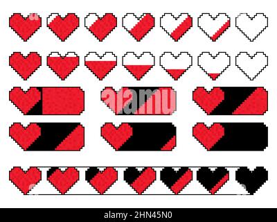 Pixel Health Bar 8 Bit Retro-Spiel. Eine Reihe von Gesundheitsstreifen aus Pixelherzen und -Streifen. Design für Banner und Werbeartikel. Vektorgrafik Stock Vektor