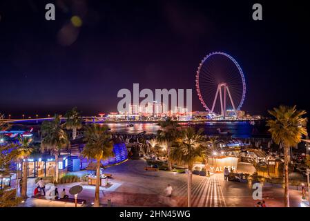 Wunderschönes Dubai Eye oder Ain Dubai am Jumeirah Strand in der Nacht. Stockfoto