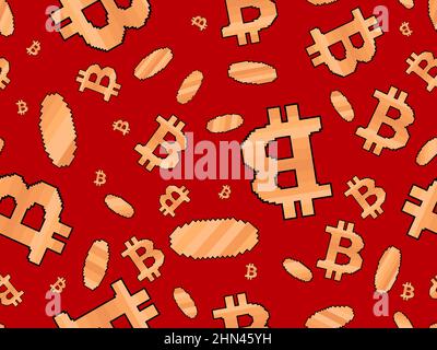 Bitcoin-Symbol mit goldenen Münzen im Pixel-Stil. Nahtloses Muster mit 8-Bit-Bitcoin-Symbol. Blockchain-Technologie, Kryptowährung. Design für Banner und Stock Vektor