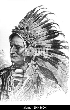 Porträt des Indianerhäuptlings mit Federschmuck USA Vintage Illustration oder Gravur 1881 (Kramer) Stockfoto
