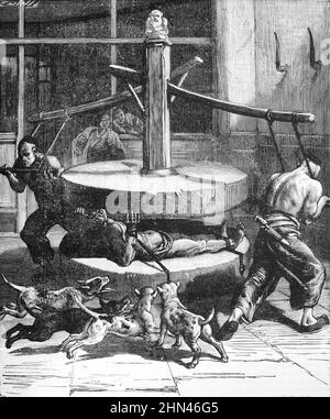 Kapitalbestrafung, Tötung oder Folter mit Steinpresse in China. Vintage Illustration oder Gravur 1881 (Castelli) Stockfoto