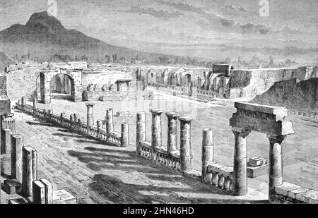 Klassische Ruinen des Forum & Vesuv Pompeji Italien. Vintage Illustration oder Gravur 1881. Stockfoto