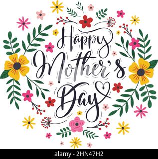 Happy Mothers Day handgeschriebene Grußkarte mit Schriftzug. Handgezeichnete Grußkarte mit Blättern und Blumen Vektor-Illustration-Set. Alles gute zum Muttertag Stock Vektor
