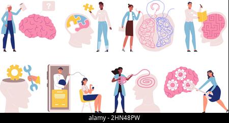 Psychologie psychische Probleme, Stress, Gehirn Gesundheitstherapie. Medizinische Therapie und psychische Gesundheit Vektor Illustration Set. Psychologie Arzt helfen mit Stock Vektor