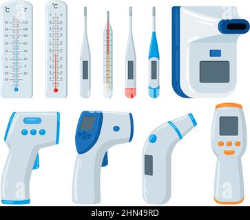 Cartoon-Thermometer, medizinisches Temperaturthermometer. Vektorgrafik für medizinisches Quecksilber und elektronische Thermometer. Wärmemessung Stock Vektor