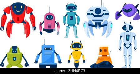 Cartoon Roboter-Figuren, Technologie Cyborg Maskottchen oder mechanische Spielzeug. Künstliche Intelligenz, wissenschaftliche Technologie Maschinen Vektor-Illustration Stock Vektor