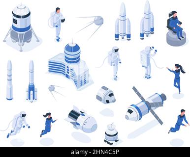 Isometrische Raumkörper, Astronaut, Satelliten und Raumfahrzeuge. Weltraumforschung, Mondrover und Raketen Vektor Illustration Set. Platz Stock Vektor