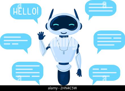 Cartoon Chat bot Charakter, niedlich Online-Assistent. Freundlicher persönlicher Assistent, lächelnder Chatbot mit Sprechblasen Vektorgrafik. Chatbot Stock Vektor