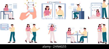 Online-Dating mobile App, nettes Paar romantische Beziehungen. Mobile App-Kommunikation, perfekte Übereinstimmung, Beziehung und Liebe Vektor Illustration Set Stock Vektor