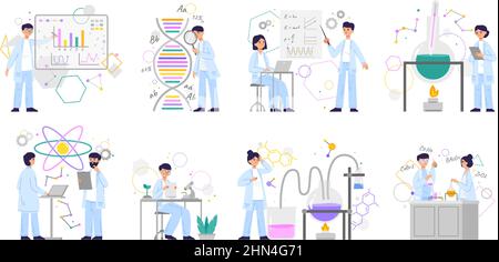 Klinik Labor Arzt Zeichen, Wissenschaft Analyse Labor. Wissenschaftler, die im chemischen Labor Vektorgrafik-Set forschen. Science-Figuren Stock Vektor