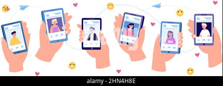 Die Romantik-App von oline auf dem Smartphone-Bildschirm. Vektor-Illustration Set Hände halten Smartphone virtuelle Beziehung Kommunikation Stock Vektor