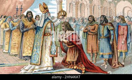 Representation du sacre de Charlemagne le 25 decembre 800 par le pape Leon III a la basilique saint Pierre de Rome (Kaiserliche Krönung Karls des Großen durch Papst Leo III. In der Petersbasilika 20th. dezember 800) Chromolithographie fin 19eme siecle Collection privee Stockfoto