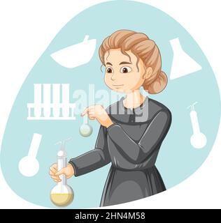 Marie Curie Zeichentrickfigur auf weißem Hintergrund Illustration Stock Vektor