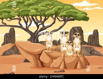 Wüstenhintergrund mit einer Gruppe von Erdmännchen Illustration Stock Vektor