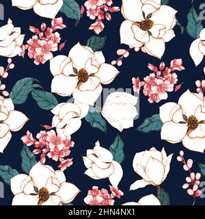 Handgezeichnete weiße Magnolie Blumen Muster für Tapete, Textil, Oberfläche, Mode, Hintergrund, fliesen, Schreibwaren, Wohnkultur, Möbel usw. Stockfoto