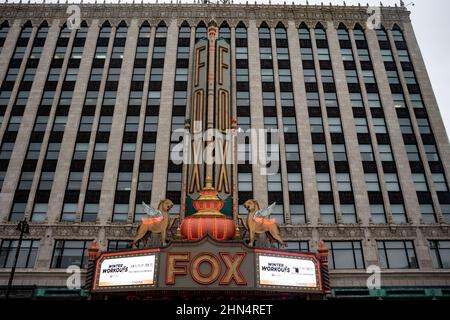 Detroit, Usa. 07th. Februar 2022. Ein Blick auf das Fox Theatre in der Innenstadt von Detroit. Kredit: SOPA Images Limited/Alamy Live Nachrichten Stockfoto