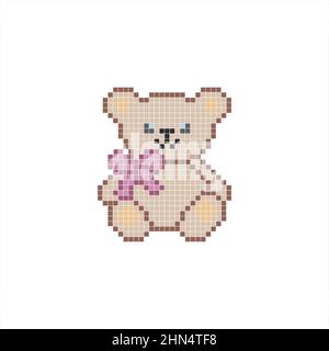 Teddybär mit Schleife. Vektordarstellung „Pixel Bear“ auf weißem Hintergrund isoliert. Niedlicher Charakter. Stock Vektor